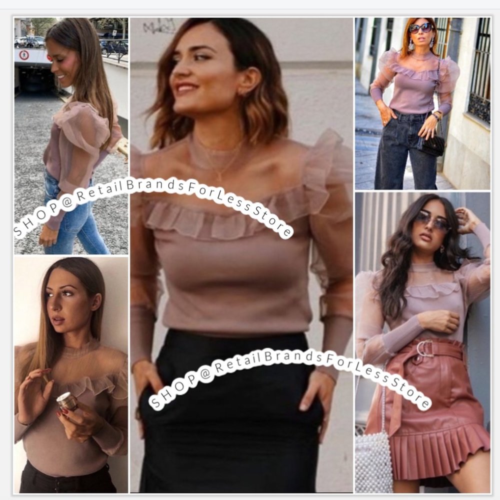 ZARA DUSTY PINK KNIT BANDAGE CHIFFON RUFFLE ORGANZA LONG SLEEVE TOP BLOUSE $69.9 - Picture 2 of 9